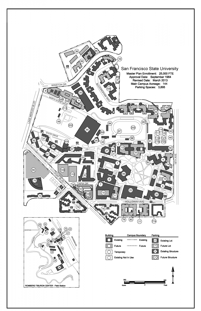 map of SF State Main Campus with inset map of Romberg Tiburon Center - Field Station