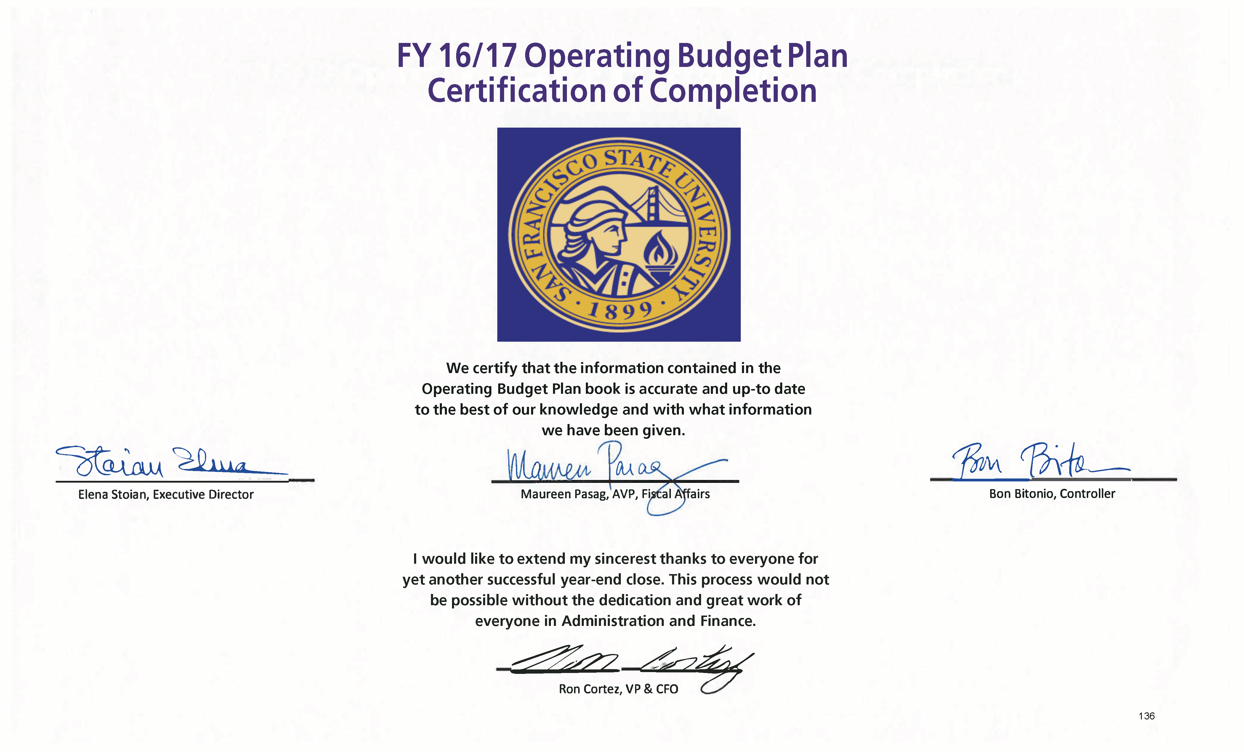 FY 16/17 Operating Budget Plan Certification of Completion