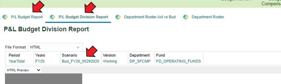 Screenshot of SF_PBCS Budget Reports choices