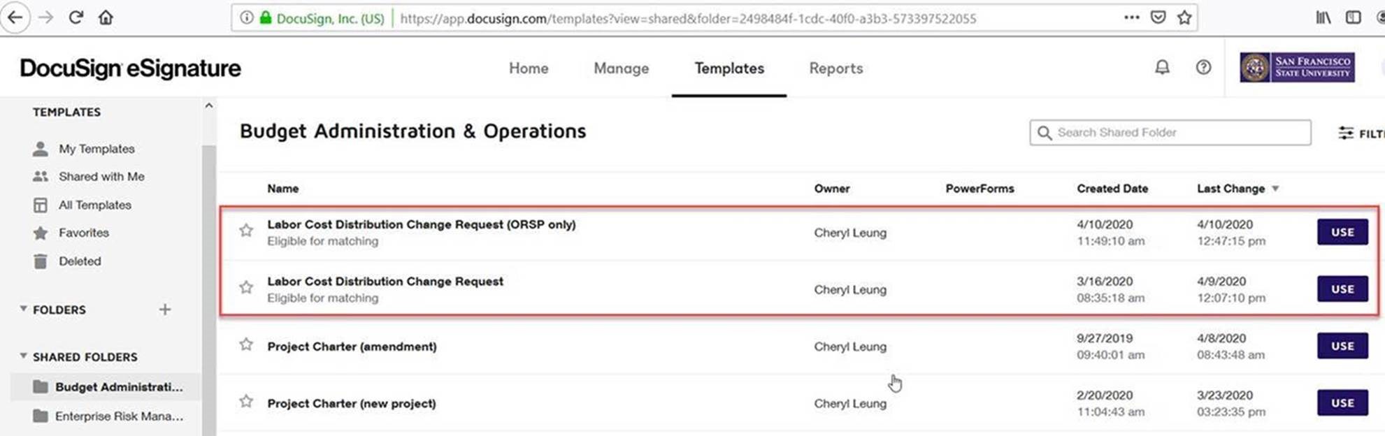 Screen shot of DocuSign Budget Adminstration and Operations Template page with the Labor Cost Distribution forms highlighted